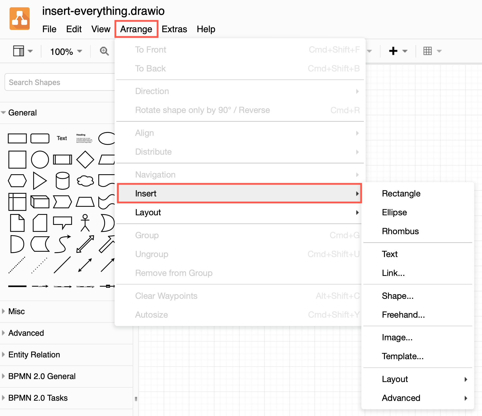 You can insert a wide range of shapes, text, links, layouts, images, templates and more via the Arrange > Insert menu in draw.io