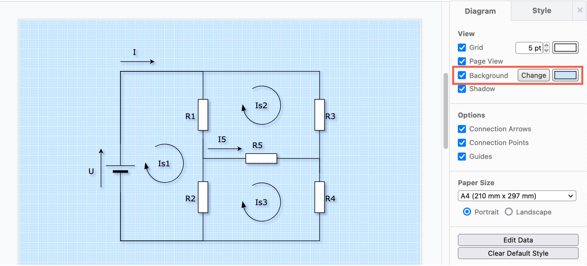 Change how the background is displayed on the drawing canvas in draw.io