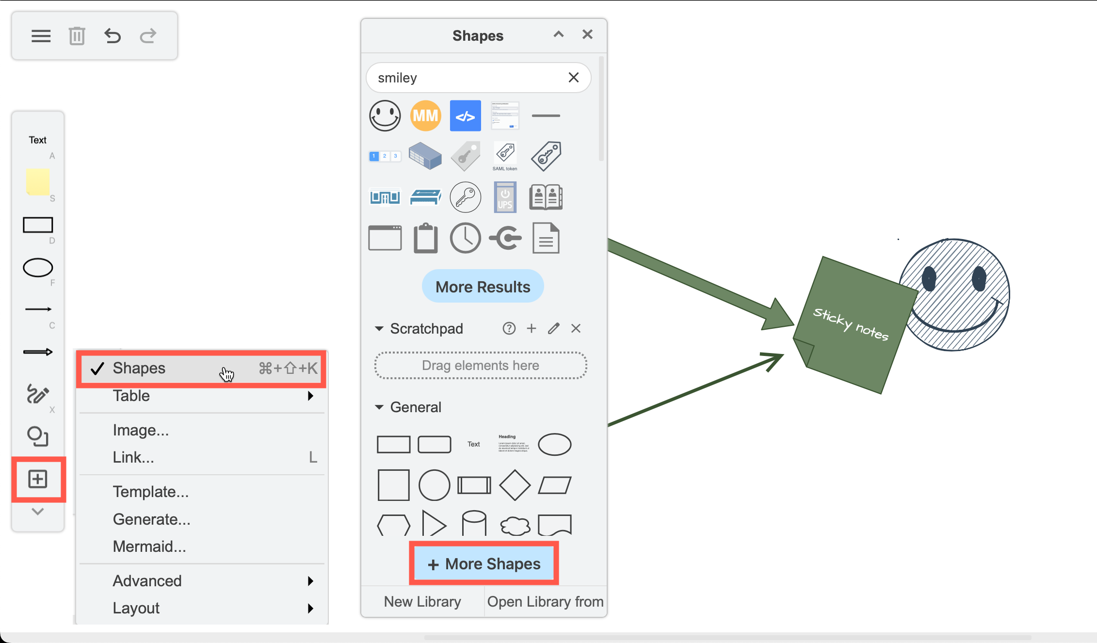 Click on the Shapes tool to open this panel when using the Sketch editor theme in draw.io