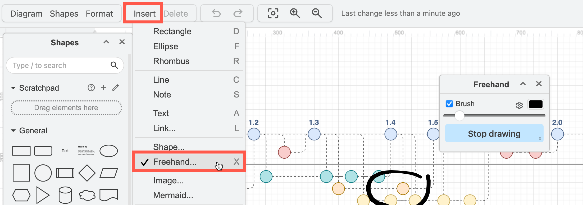 Click on Insert > Freehand to open the freehand drawing tool using the Minimal editor theme in draw.io
