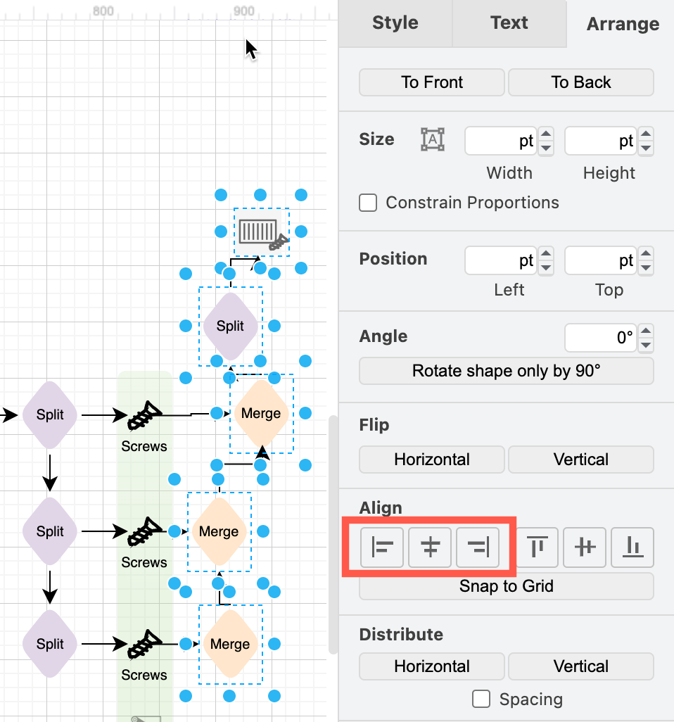 Align selected shapes horizontally in the Arrange tab in draw.io to the Left, Center or Right
