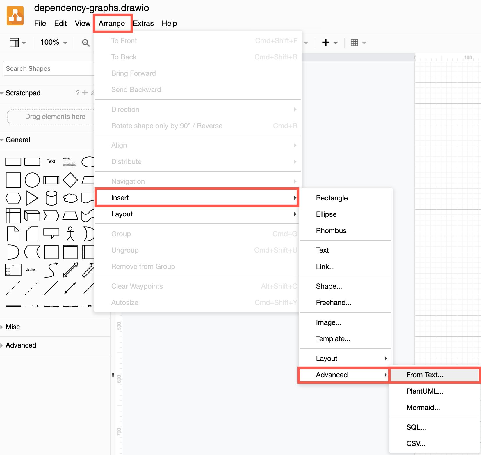 Click Arrange /> Insert > Advanced > From Text to create a diagram from a text representation of a dependency graph