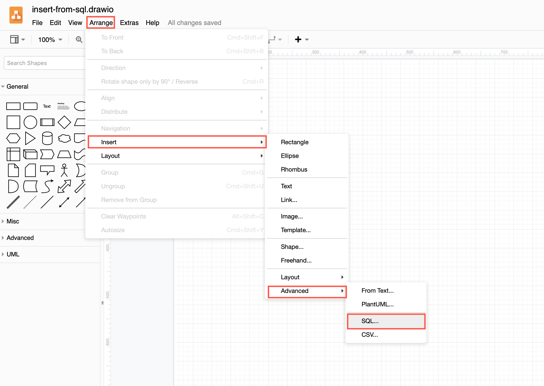 Arrange /> Insert > Advanced > SQL to create an ER diagram from SQL code