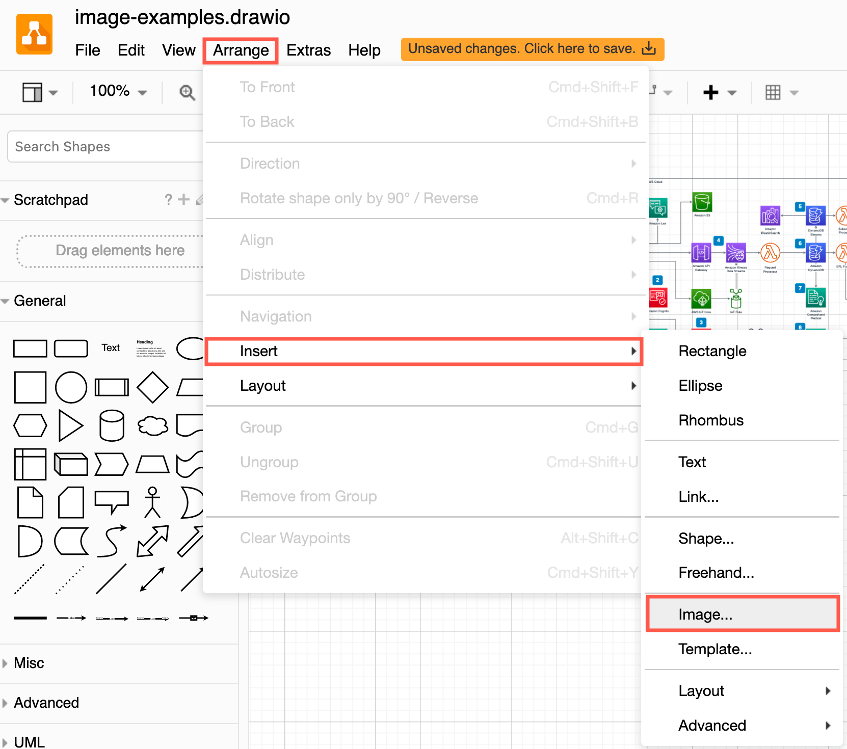 Select Arrange /> Insert > Image in the draw.io editor