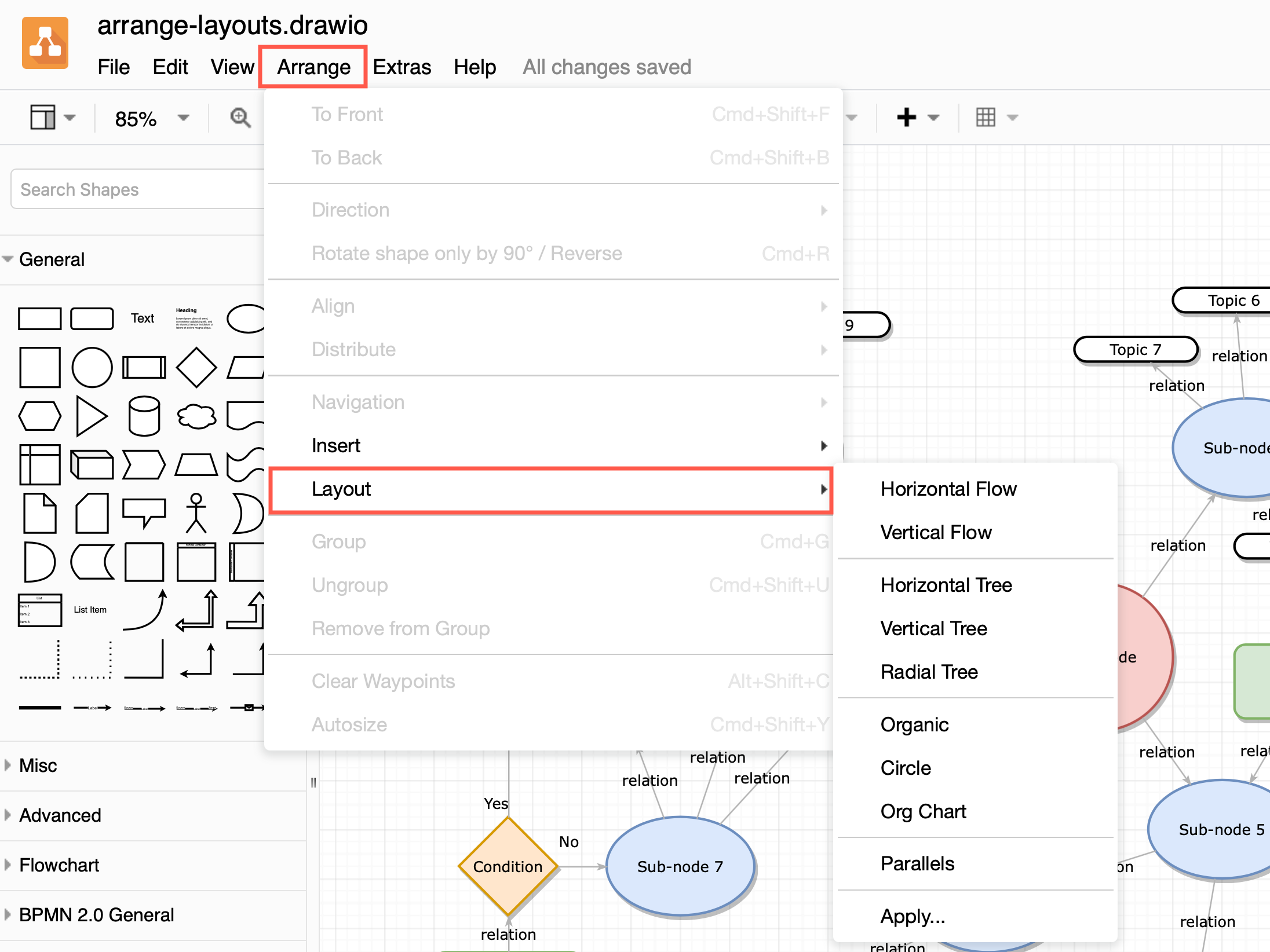 Apply a layout via Arrange /> Layout to automatically rearrange the shapes and connectors in draw.io