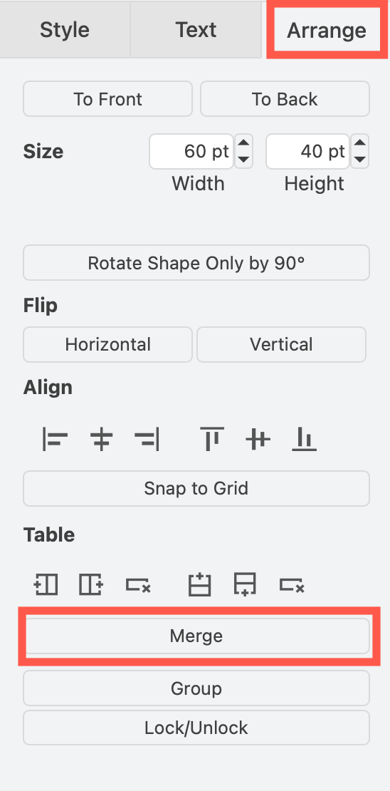 Merge table cells in the draw.io editor via the Arrange tab in the format panel