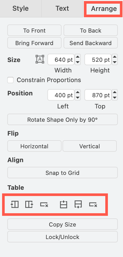 Use the table tools in the Arrange tab in the format panel to insert and delete columns and rows