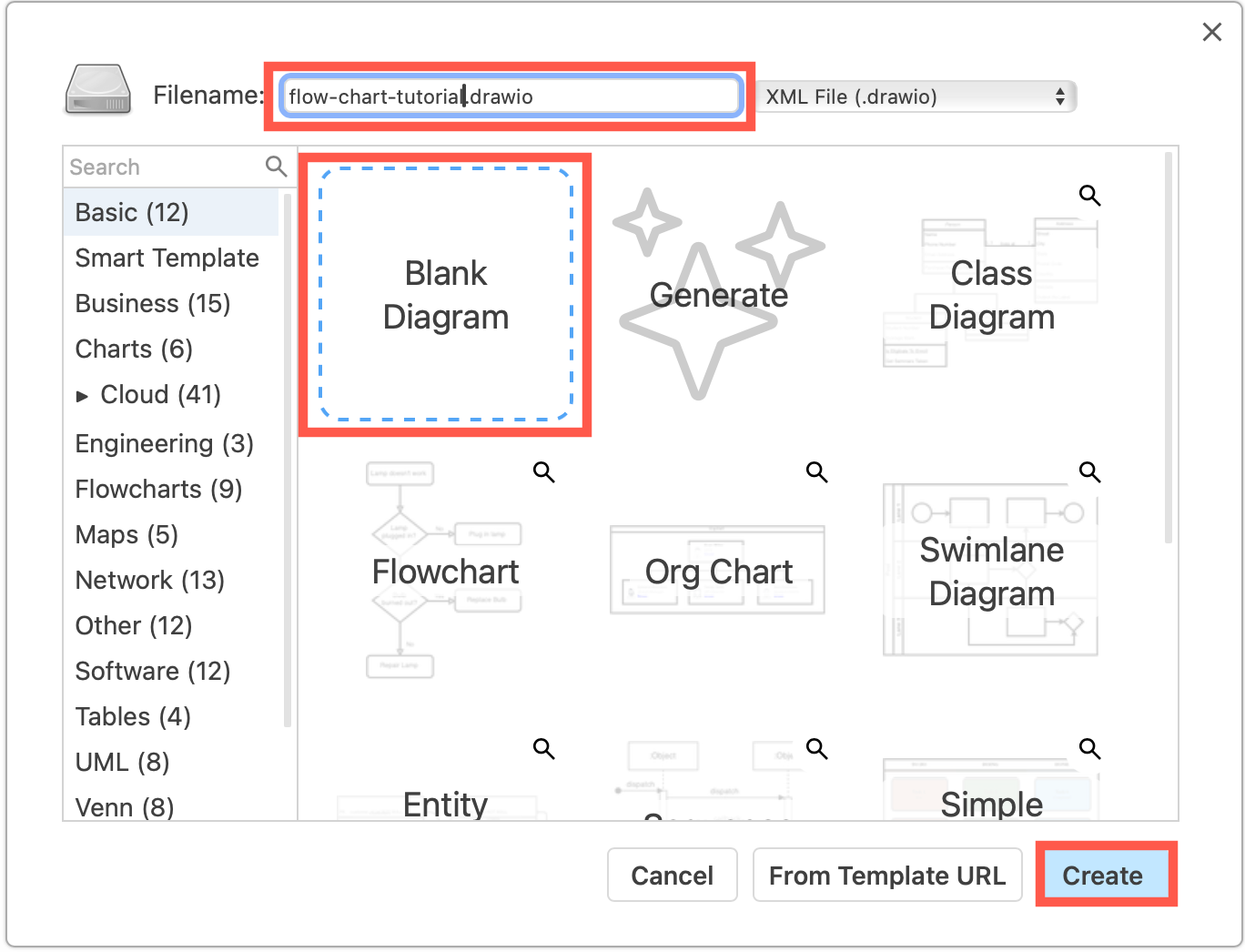 Enter a filename, select Blank Diagram, and click Create