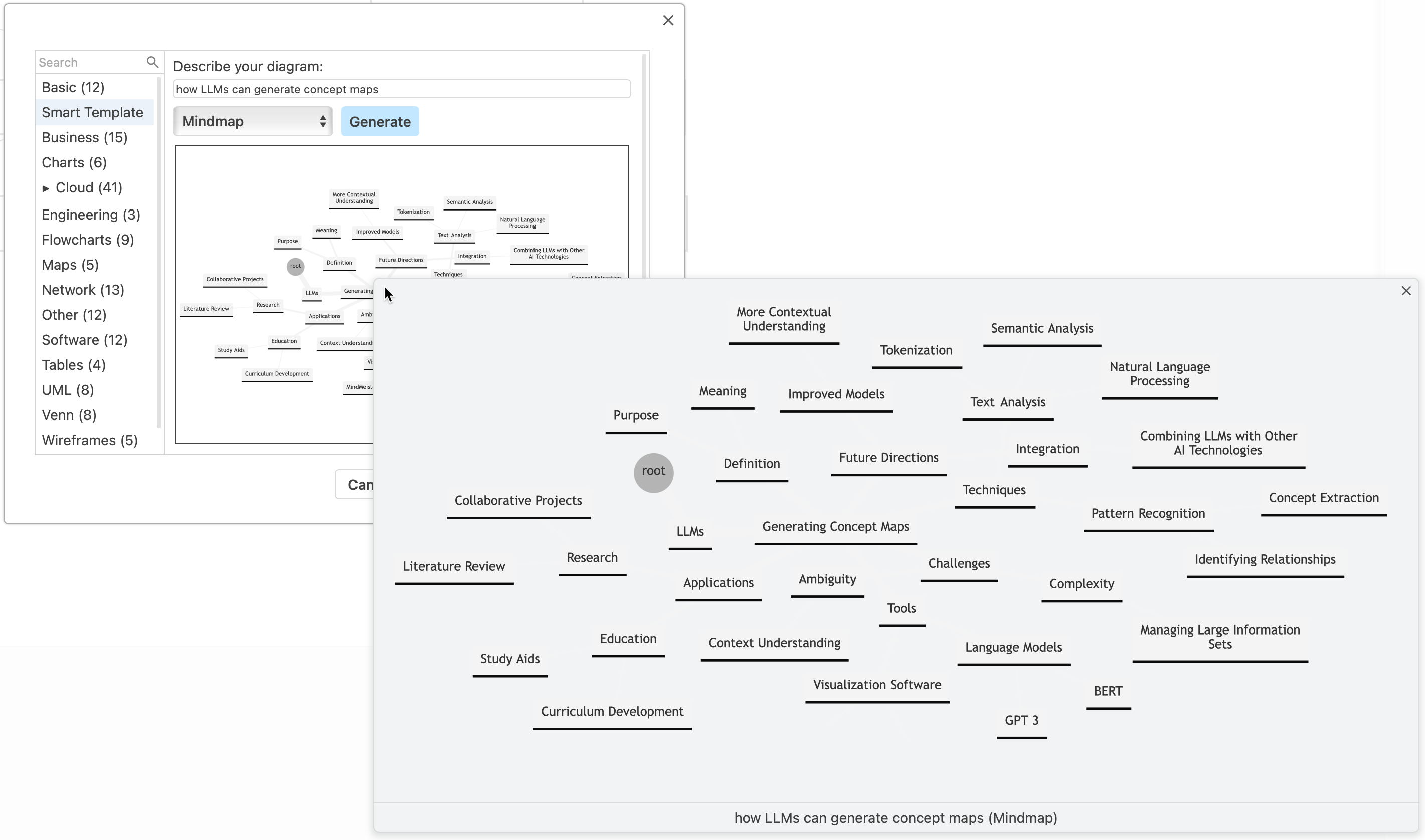 A mindmap generated by the draw.io smart template feature for 'how LLMs can generate concept maps'