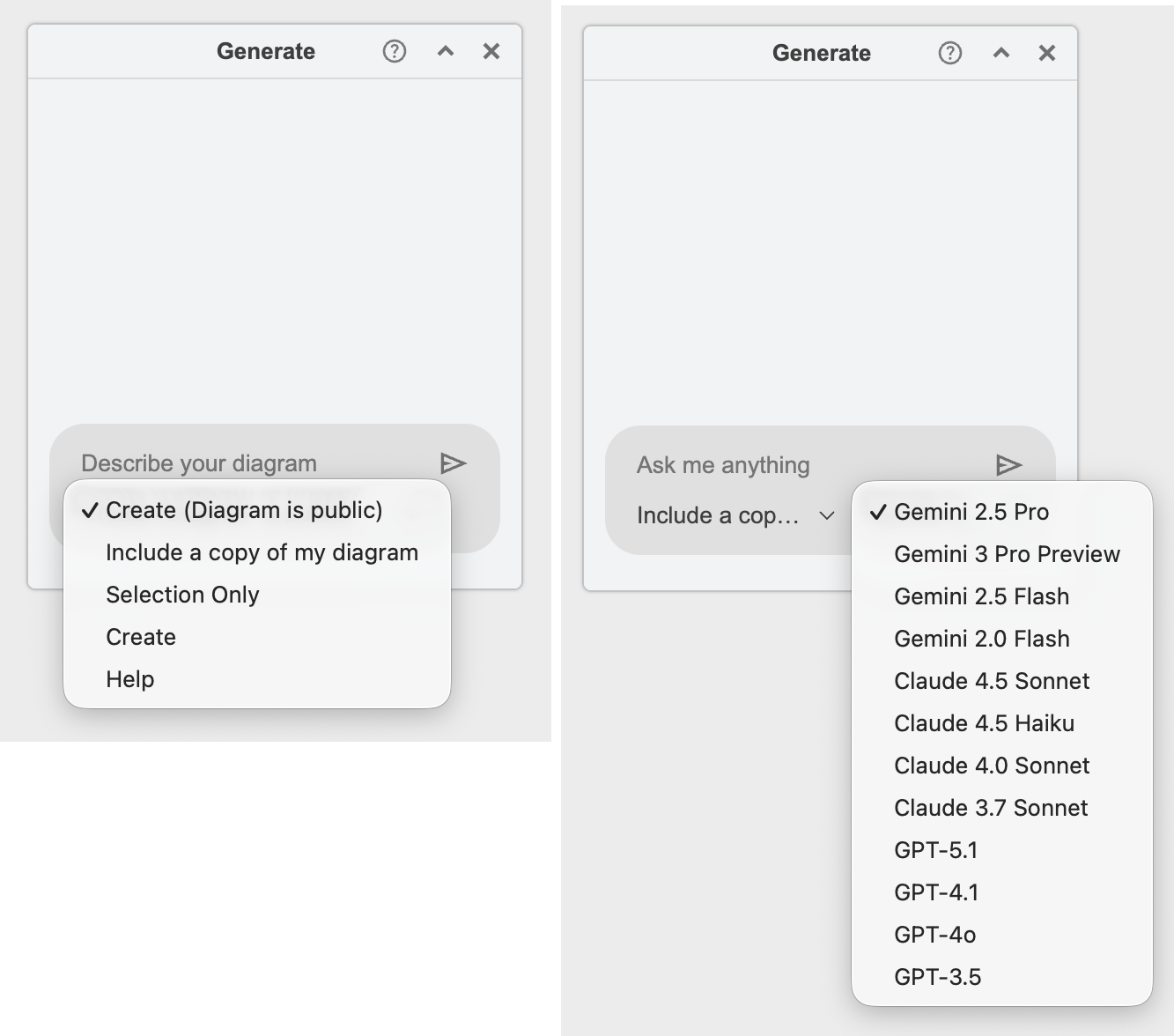 The diagram Generate options can be customised in draw.io to include specific actions or allow you to choose specific AI models