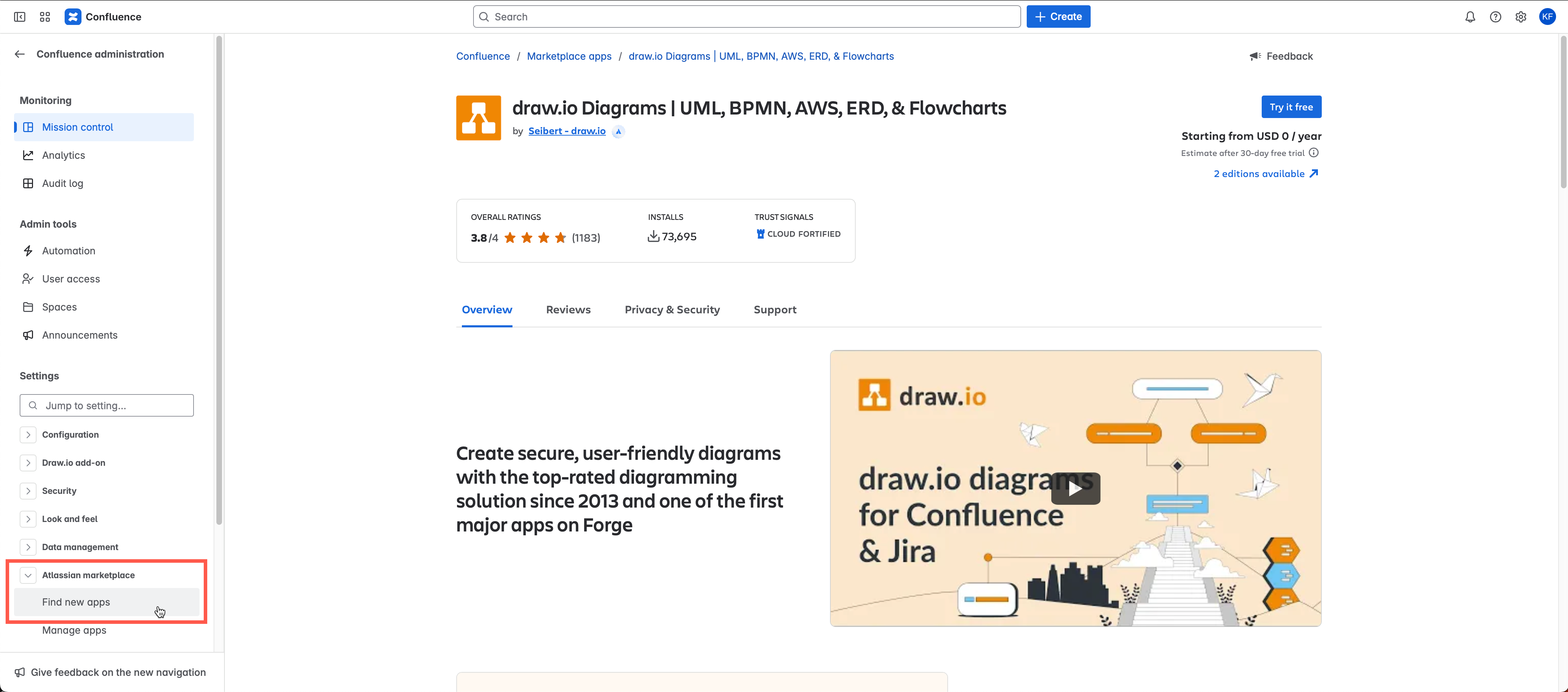 Install the draw.io app in your Confluence Cloud instance