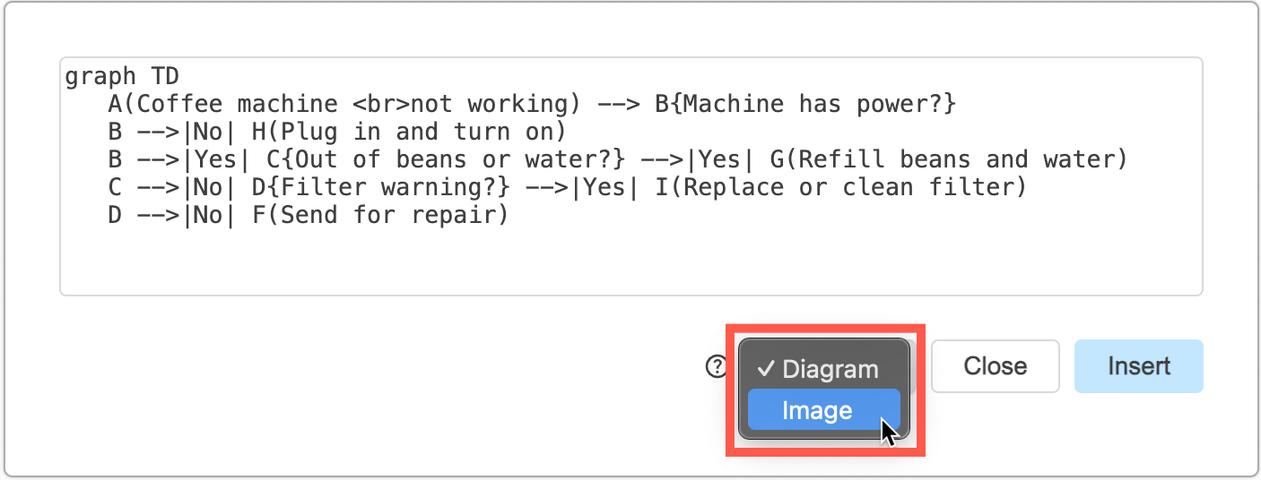 Select Image to be able to re-edit the Mermaid code, or Diagram to use native draw.io shapes when inserting a Mermaid diagram