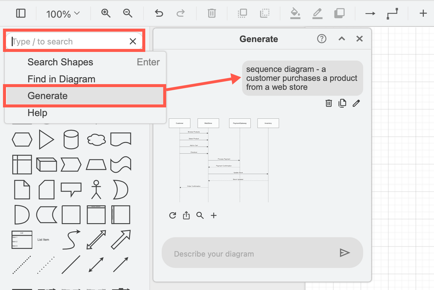 Generate diagrams of many different types from a text description via the search field in draw.io