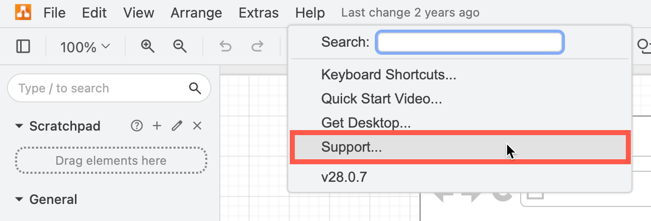 From within the draw.io diagram editor, click on Help /> Support