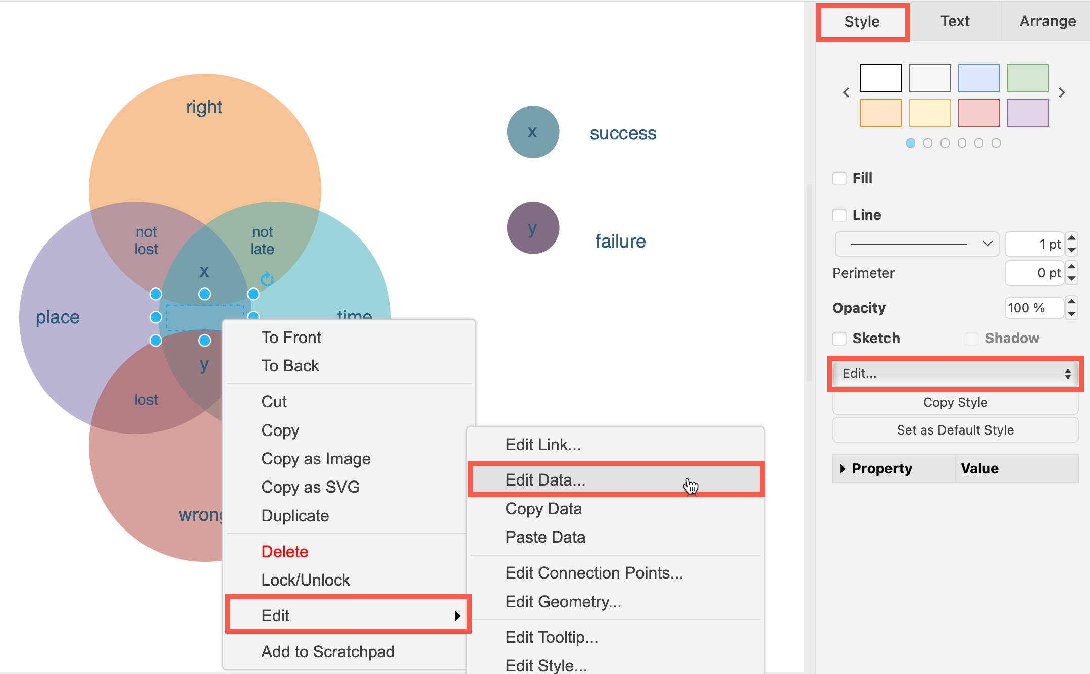 Right-click on a shape and select Edit data from the context menu, or click Edit /> Edit Data in the Style tab in the format panel