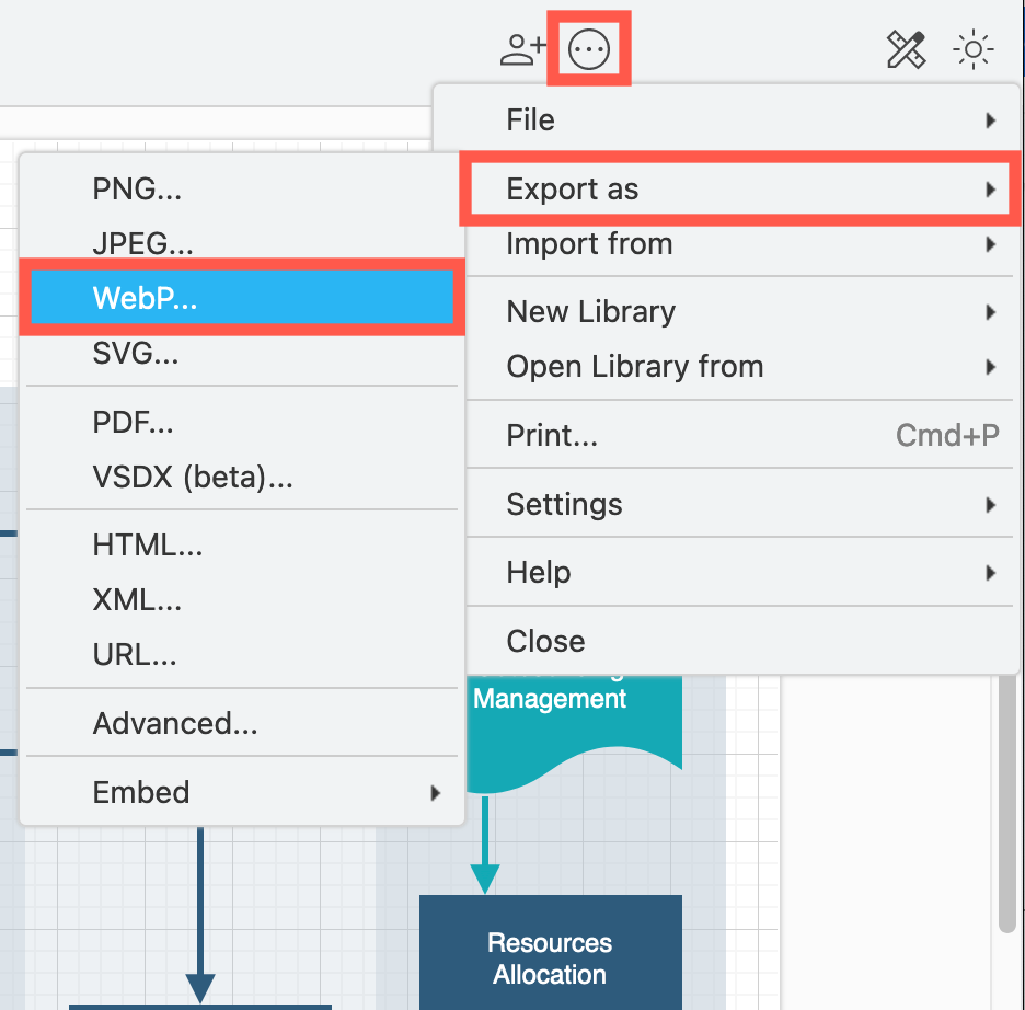 Select File /> Export As > WebP to export your diagram to a WebP image 