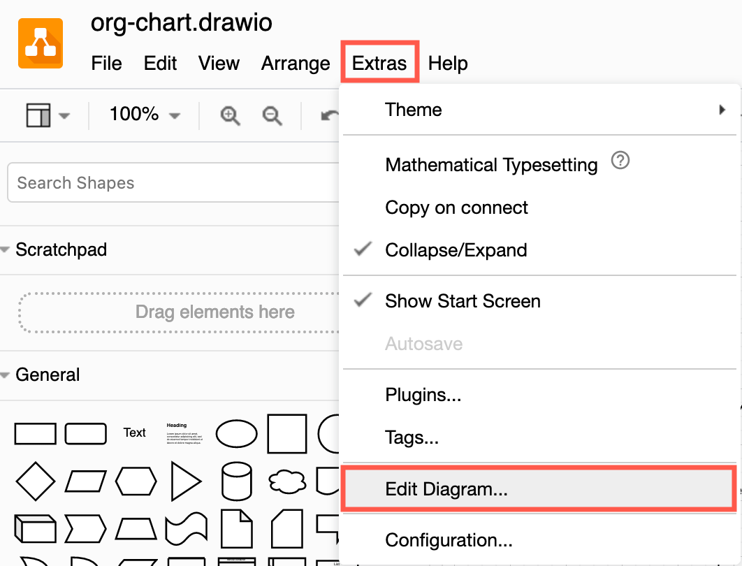 Click Extras /> Edit Diagram to view the XML source of your diagram