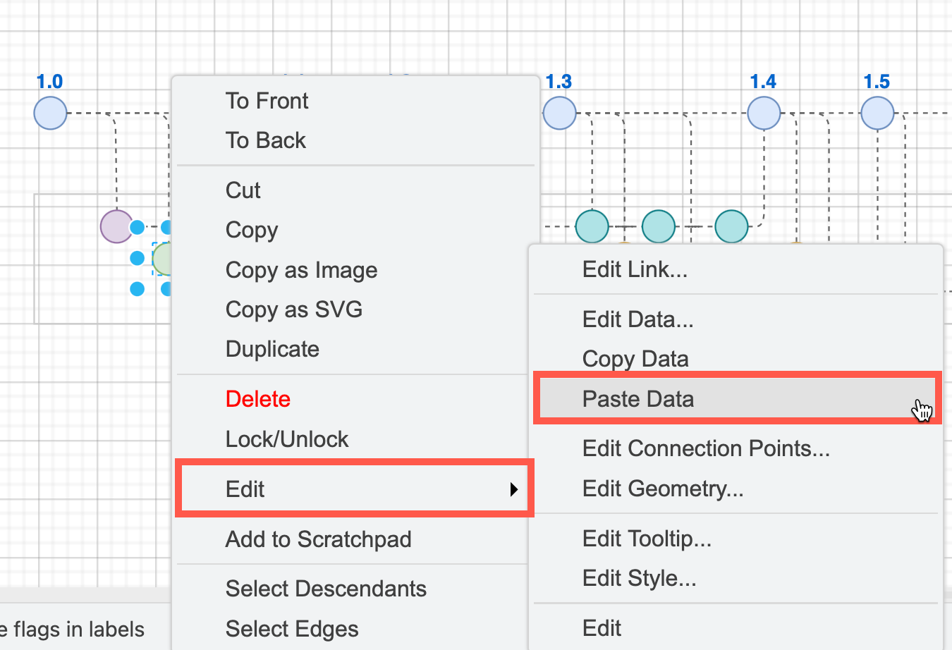 Copy and paste tags on shapes via the right-click context menu in draw.io