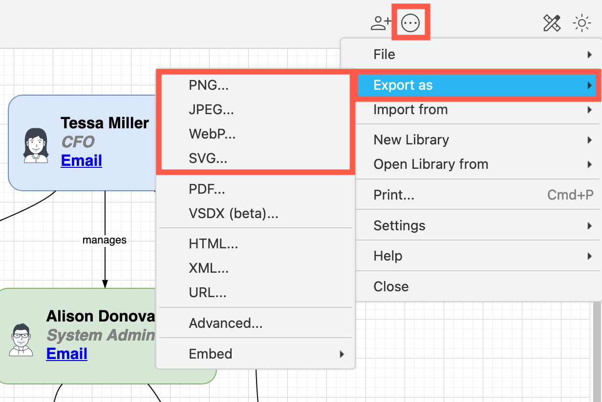 Select File /> Export then choose the image format you want to export your diagram to