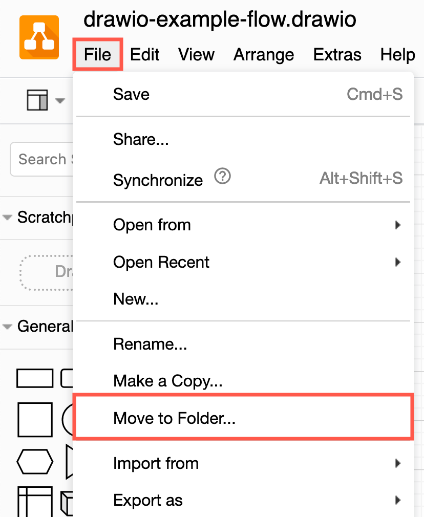 Select File /> Rename from the menu to rename a diagram file in Google Drive