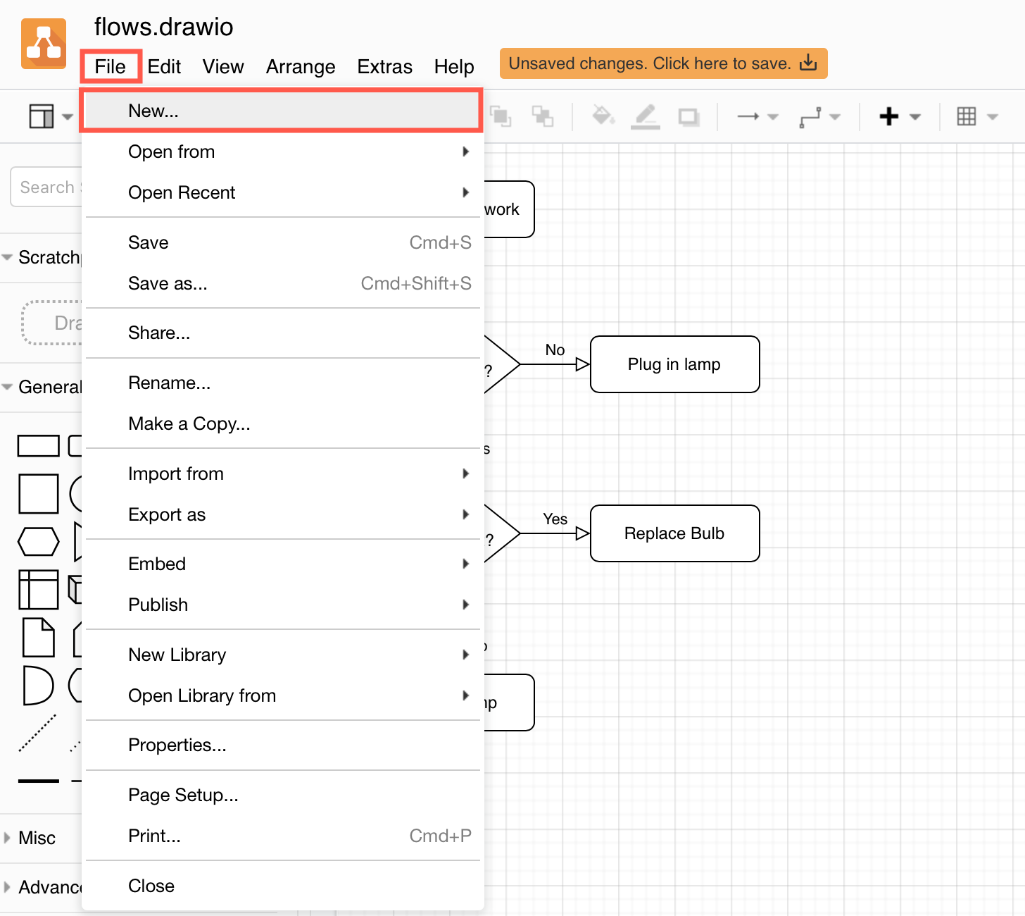 Select File /> New within the draw.io editor to create a new diagram