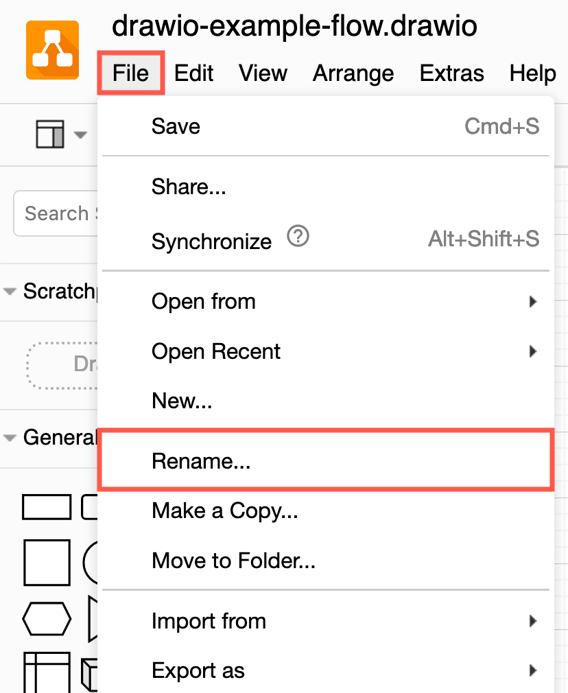 Select File /> Rename from the menu to rename a diagram file in Google Drive