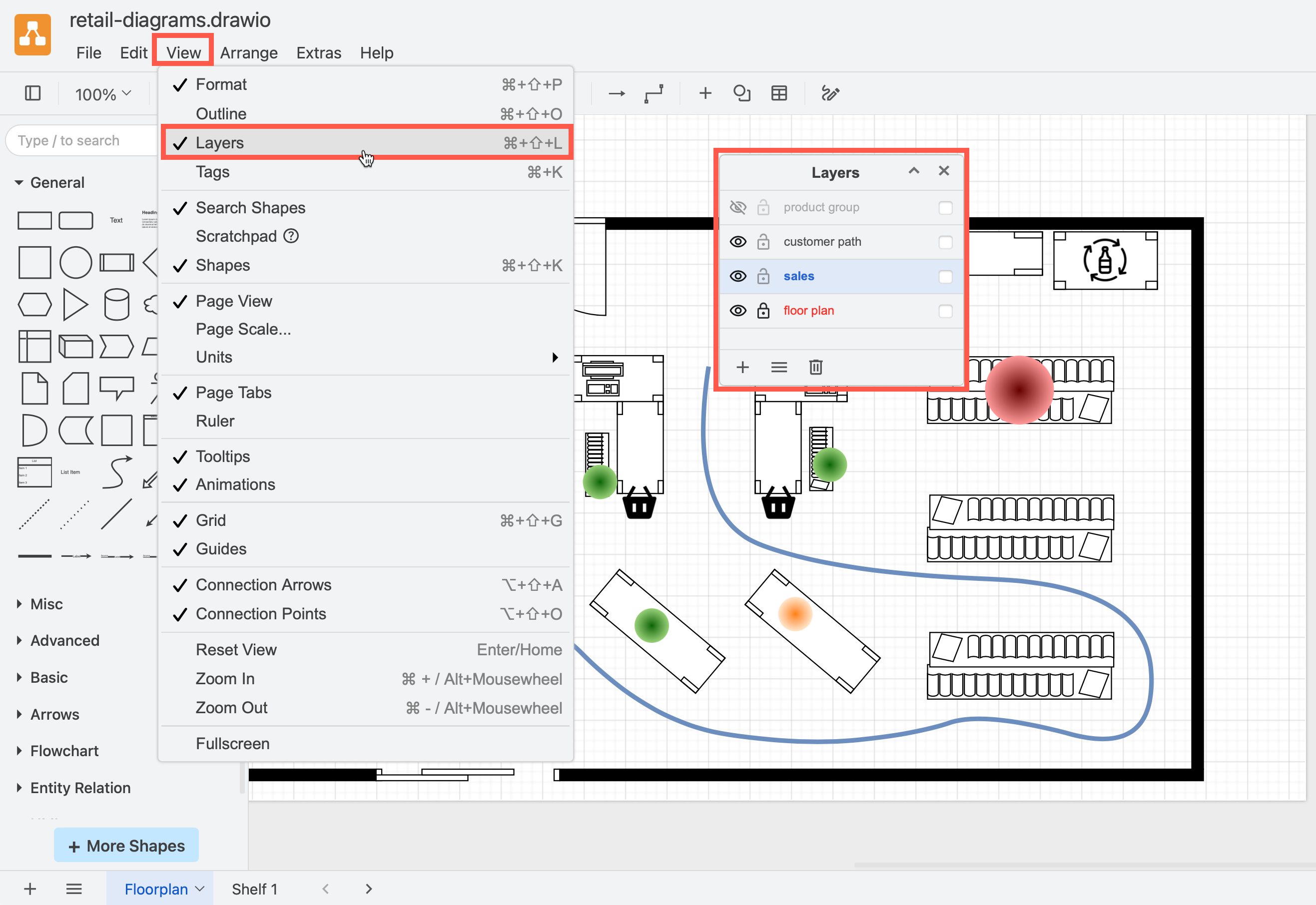 Use layers to separate the immoveable fixtures from the furniture in your floorplan