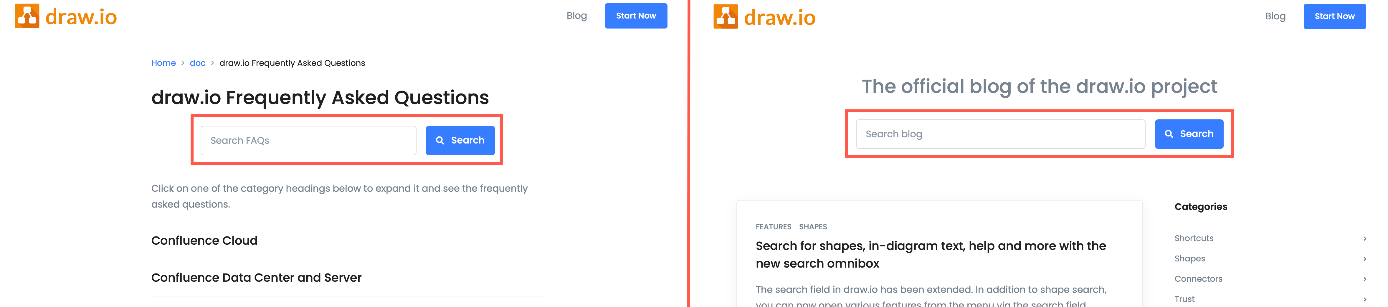 Search for help topics and related blog posts on the drawio.com website