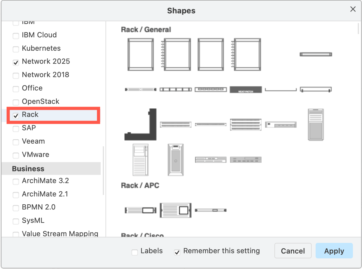 Enable the rack library in draw.io