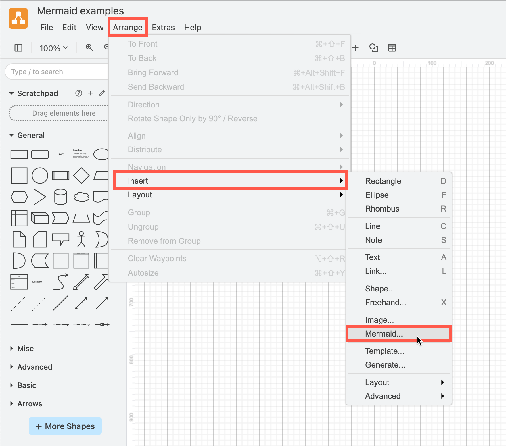 Click Arrange /> Insert > Mermaid to create a diagram from Mermaid Markdown-inspired code
