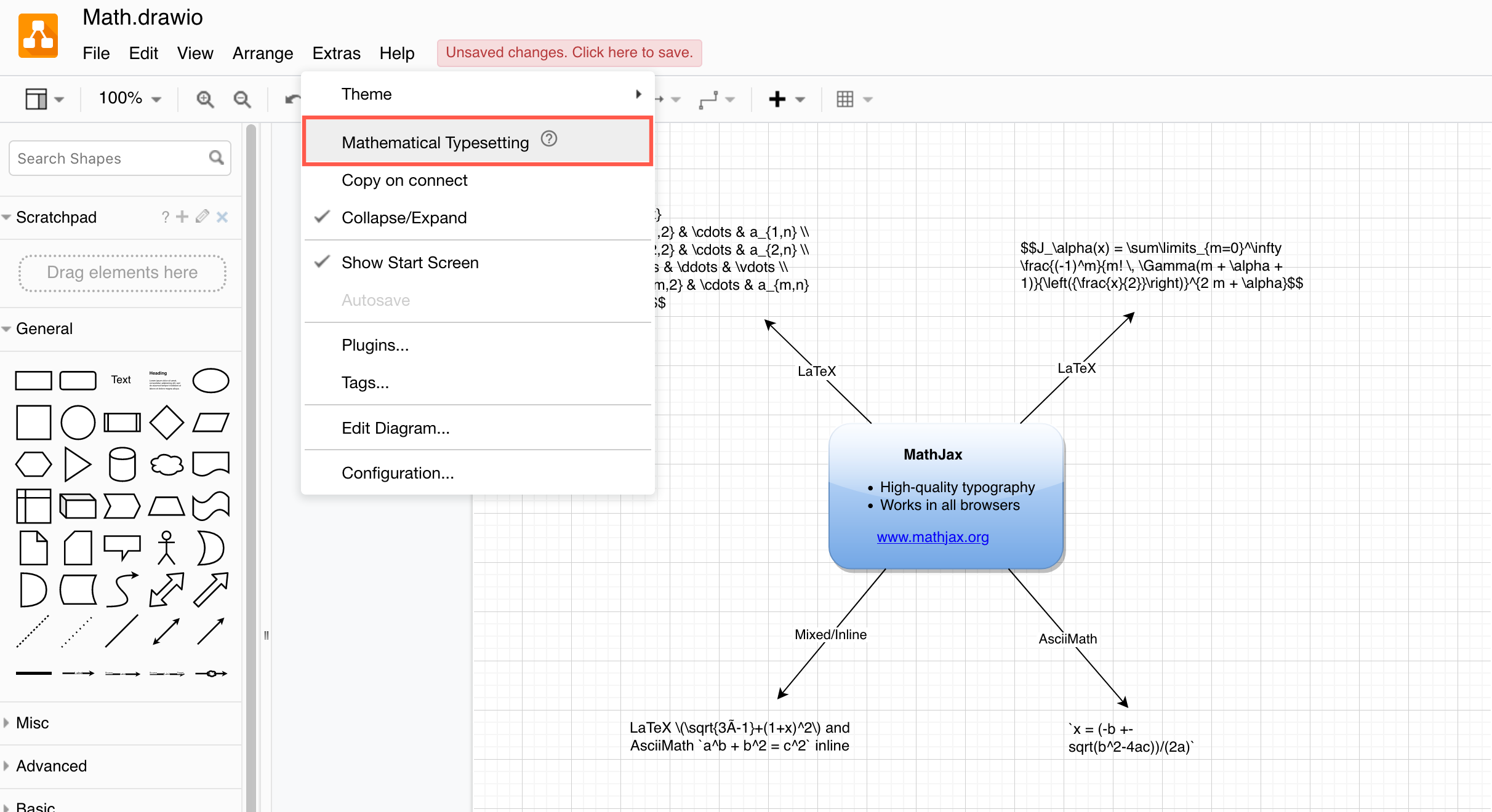 Click Extras /> Mathematical Typesetting to render your equations in MathJax