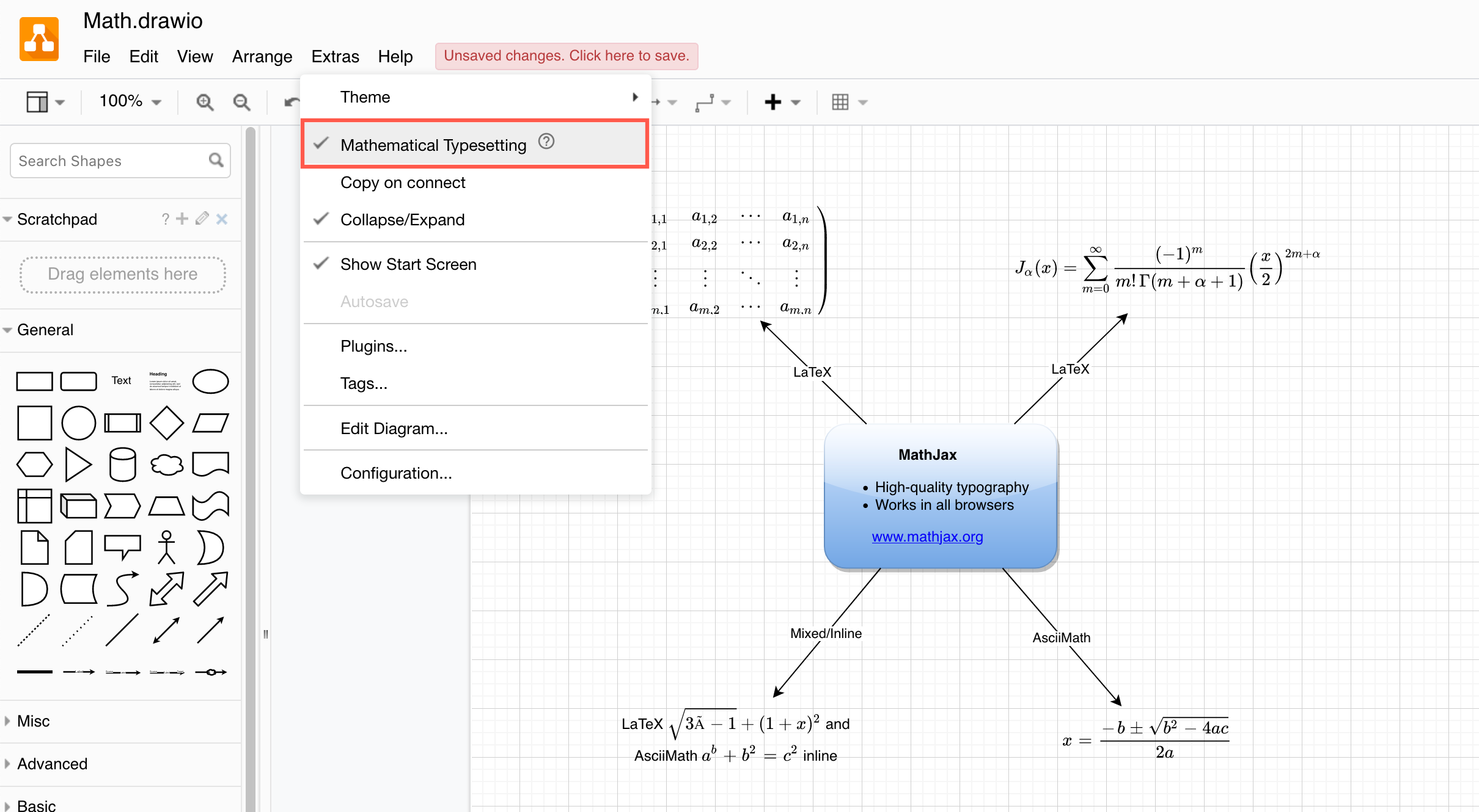 Click Extras /> Mathematical Typesetting to render your equations in MathJax