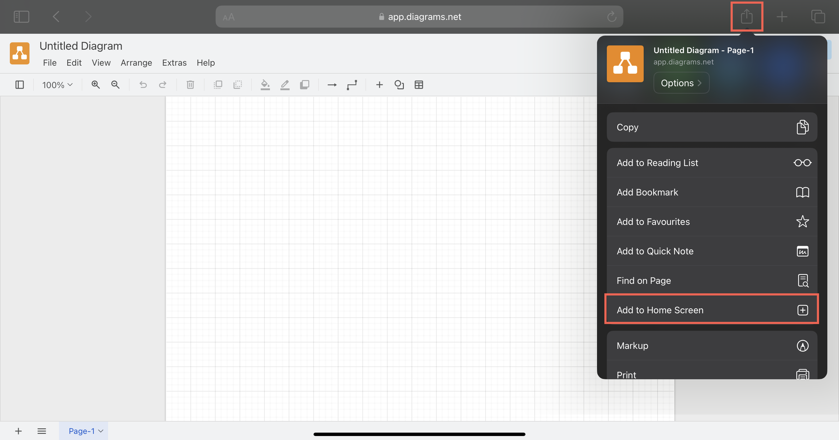 Tap share and Add to home screen to add the draw.io web app shortcut to your mobile device