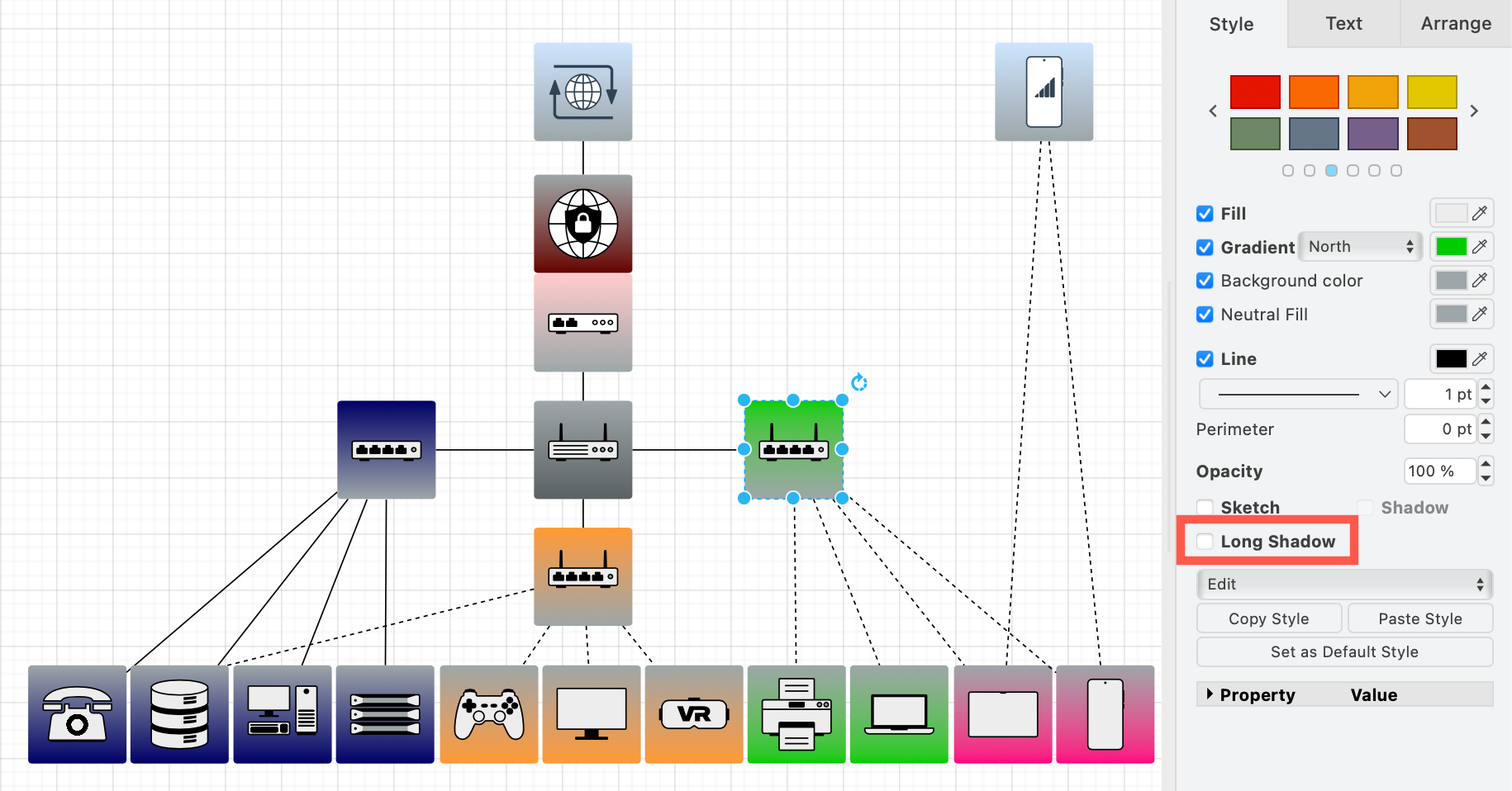 Disable the Long Shadow and keep the background colours of the new Network shapes via the Style tab of the format panel