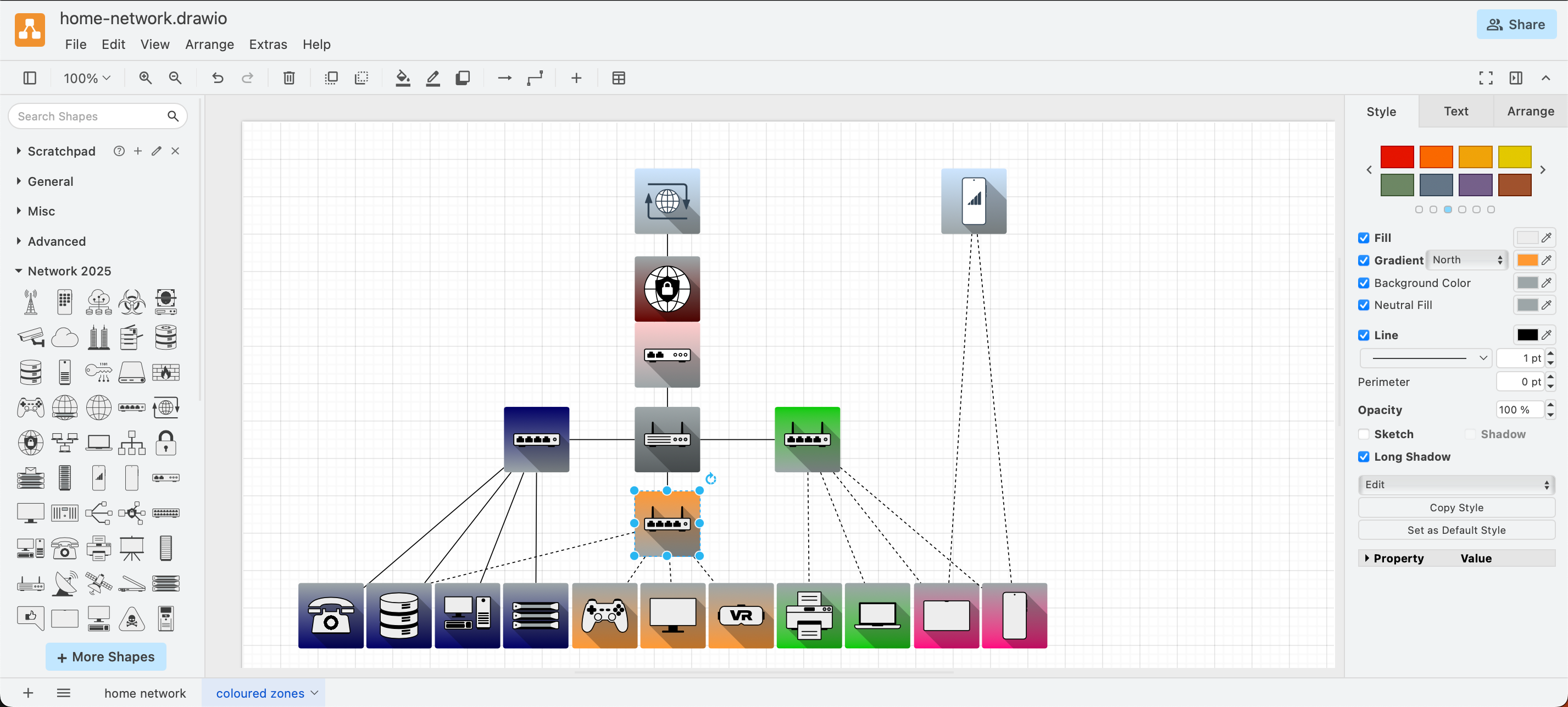 The new Network shape library includes a long shadow with additional colour styling options