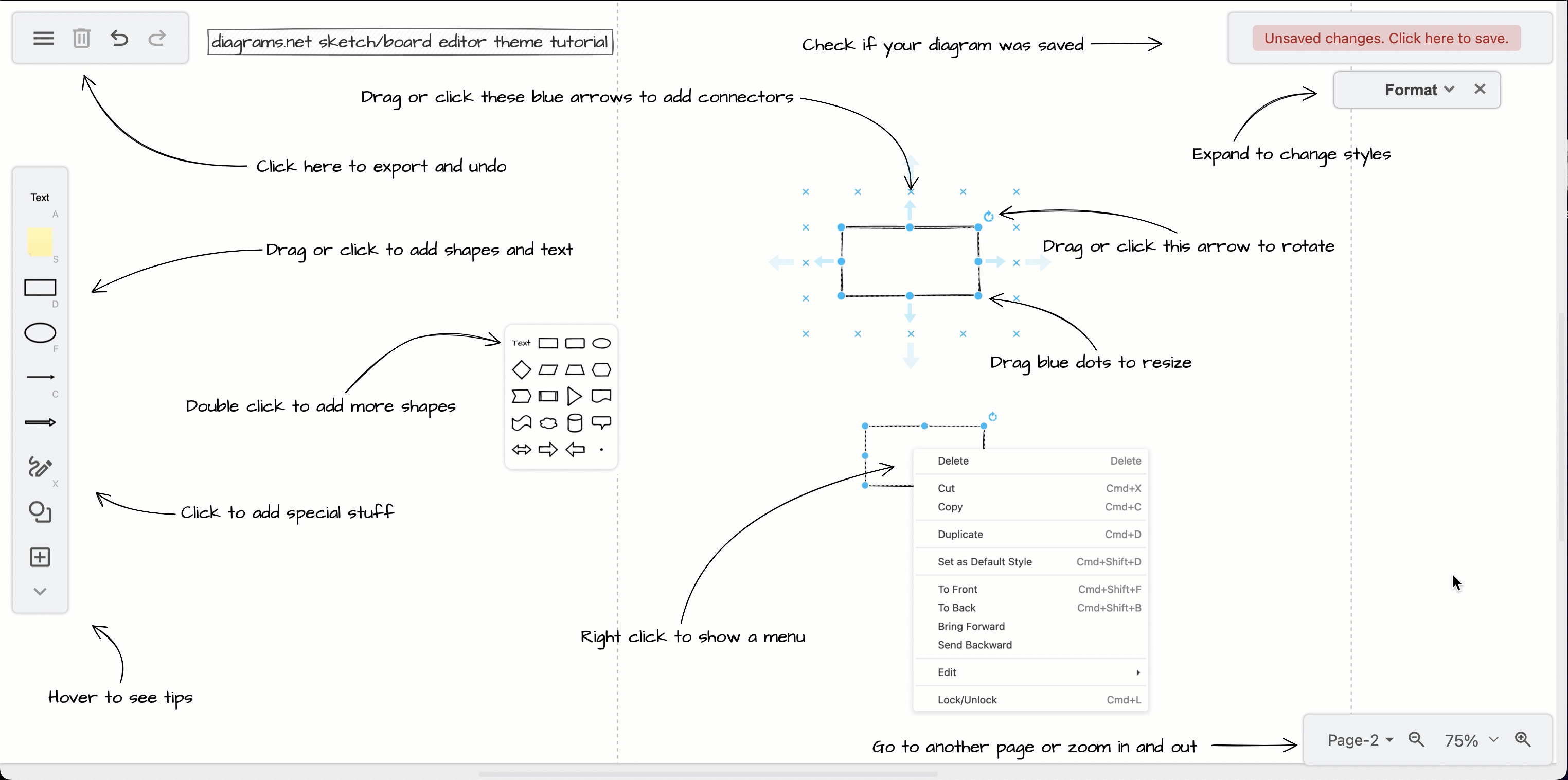 Move and zoom the online whiteboard canvas with your mouse or the tools in the bottom right at sketch.diagrams.net