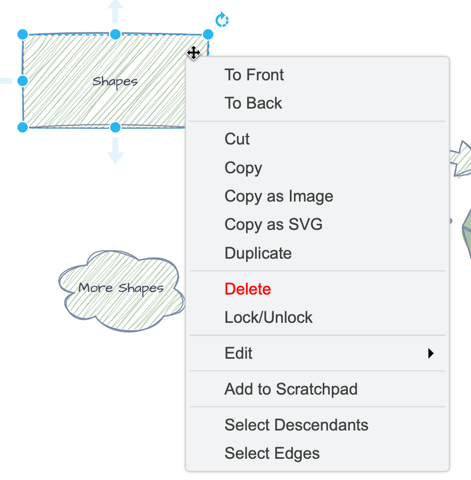 Right click on a shape or connector to open a context menu - add and edit links, shape style information and metadata, as well as move shapes forward and backwards
