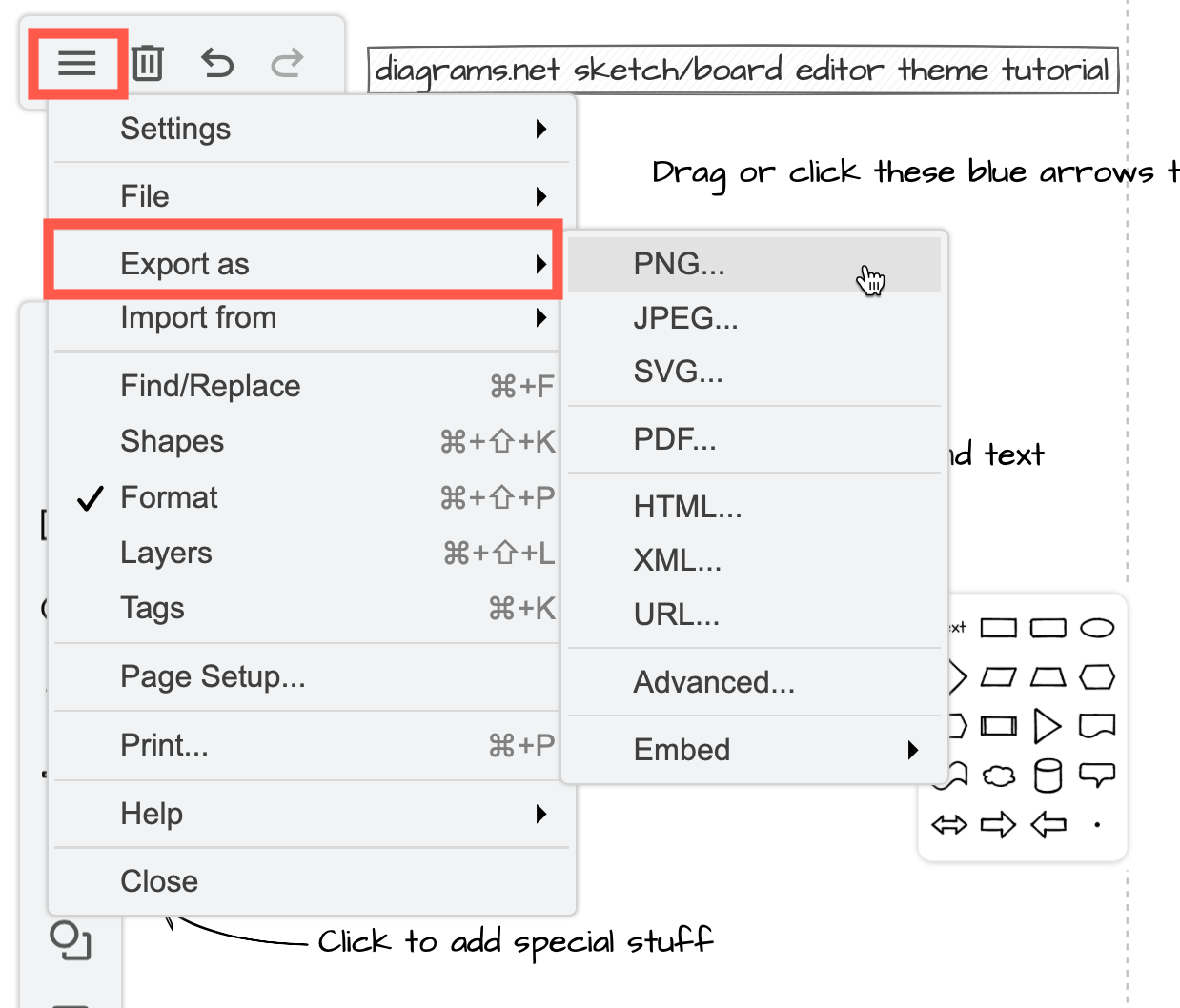 Click on a shape to select it, or drag a selection box around a group of shapes