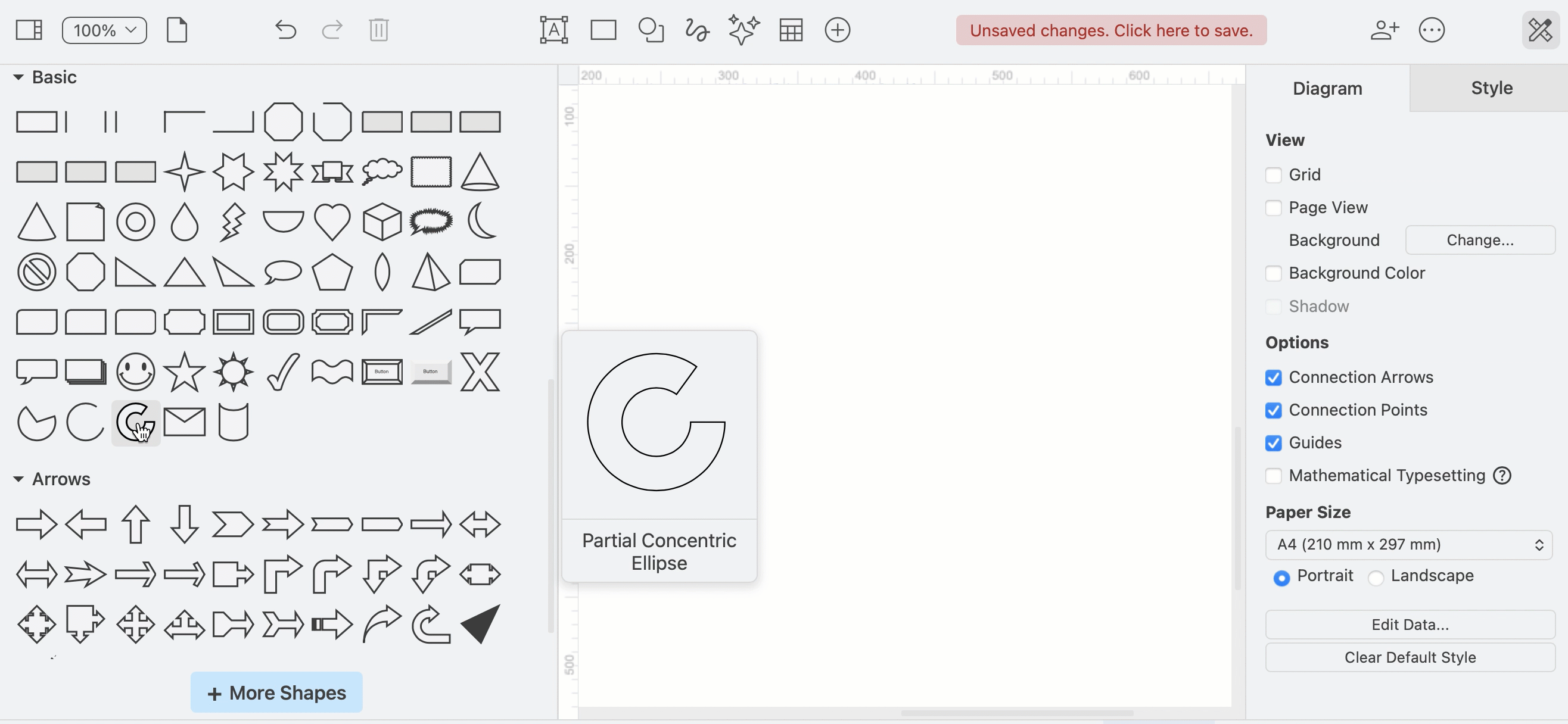 Drag the orange diamond grab handles to change the thickness and arc segment of the partial concentric ellipse shape and enable the Constrain Proportions checkbox in the Arrange tab to resize it neatly