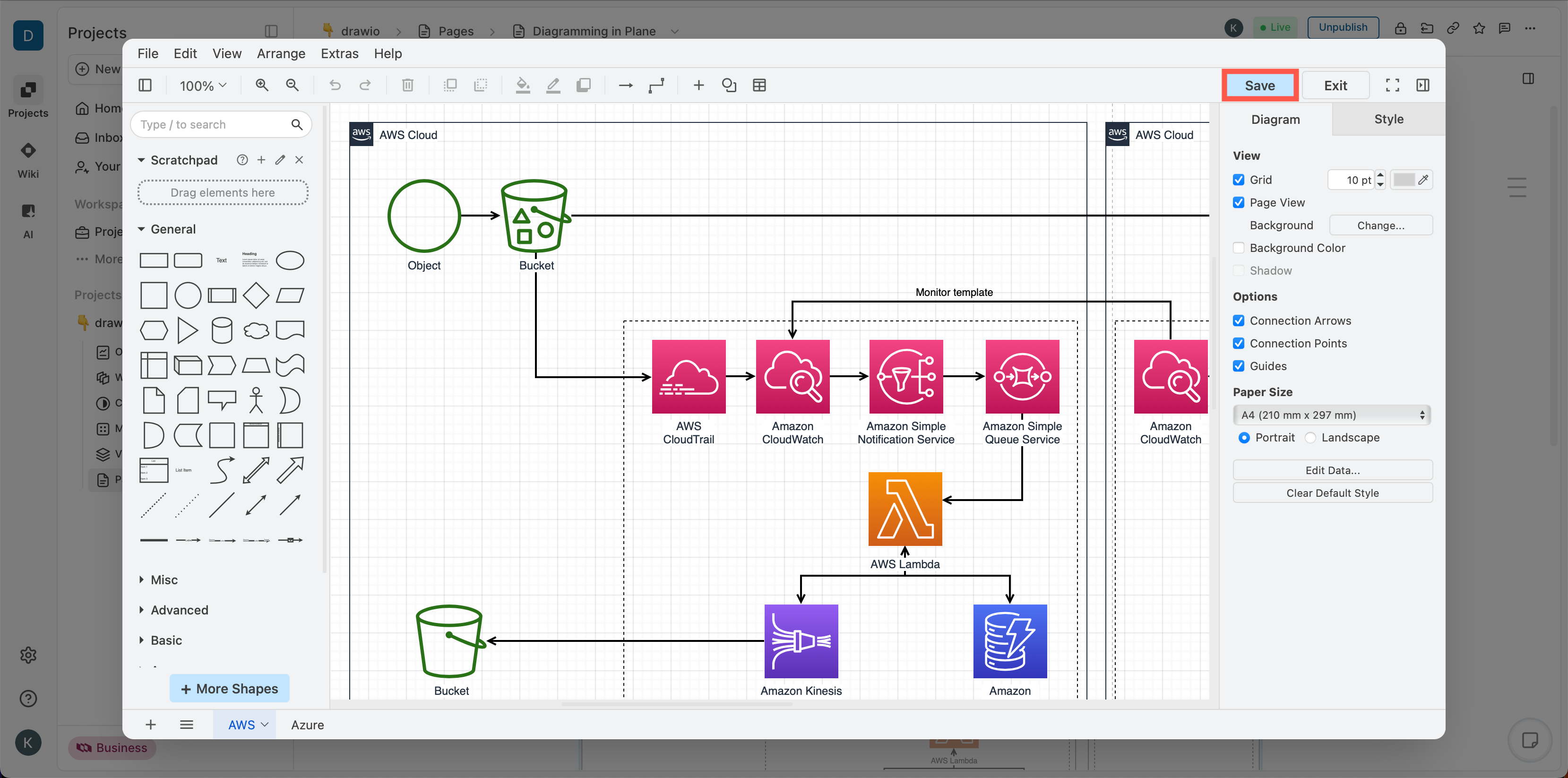 draw.io diagrams can be embedded and stored in Plane.so pages