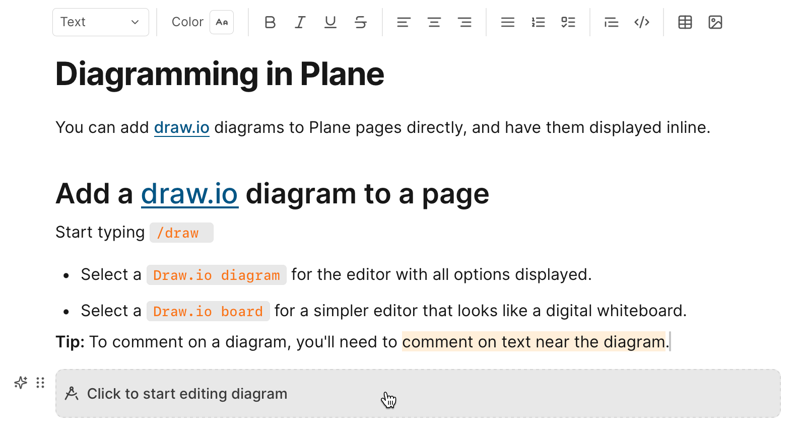 draw.io diagrams can be embedded and stored in Plane.so pages