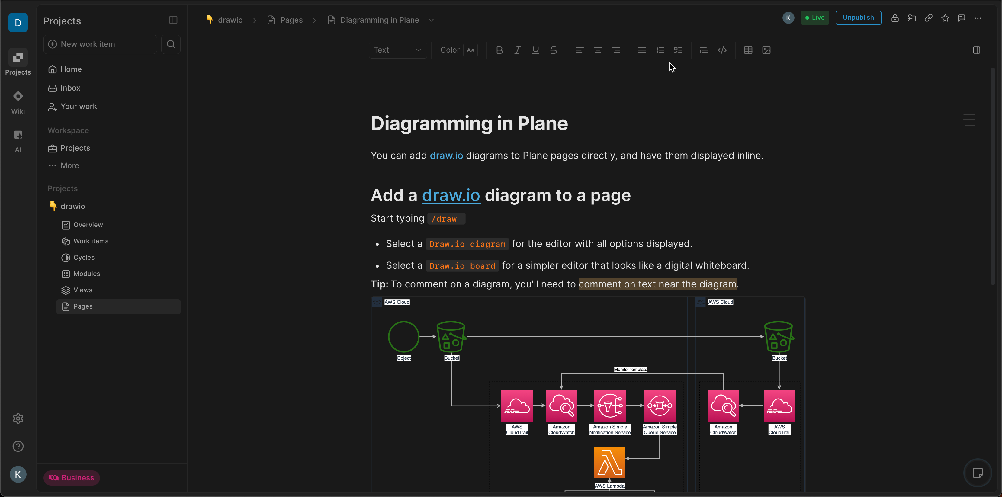 draw.io diagrams in Plane pages will automatically change colours depending on whether you view them in dark or light mode