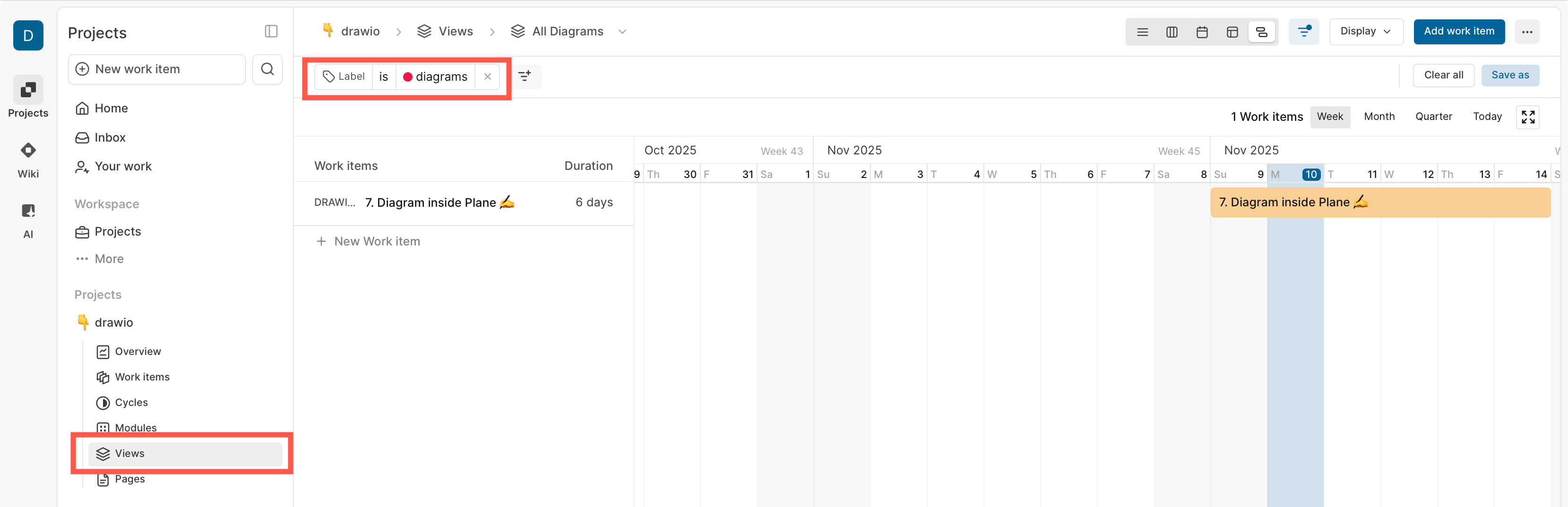 Label work items that require diagramming documentation (or that contain diagrams) to View only those work items