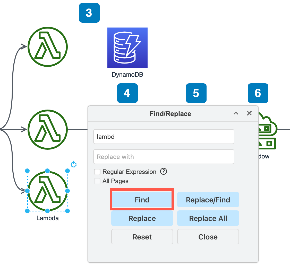 Click Find to step through all matching shapes and connectors that contain the text you entered as the search term