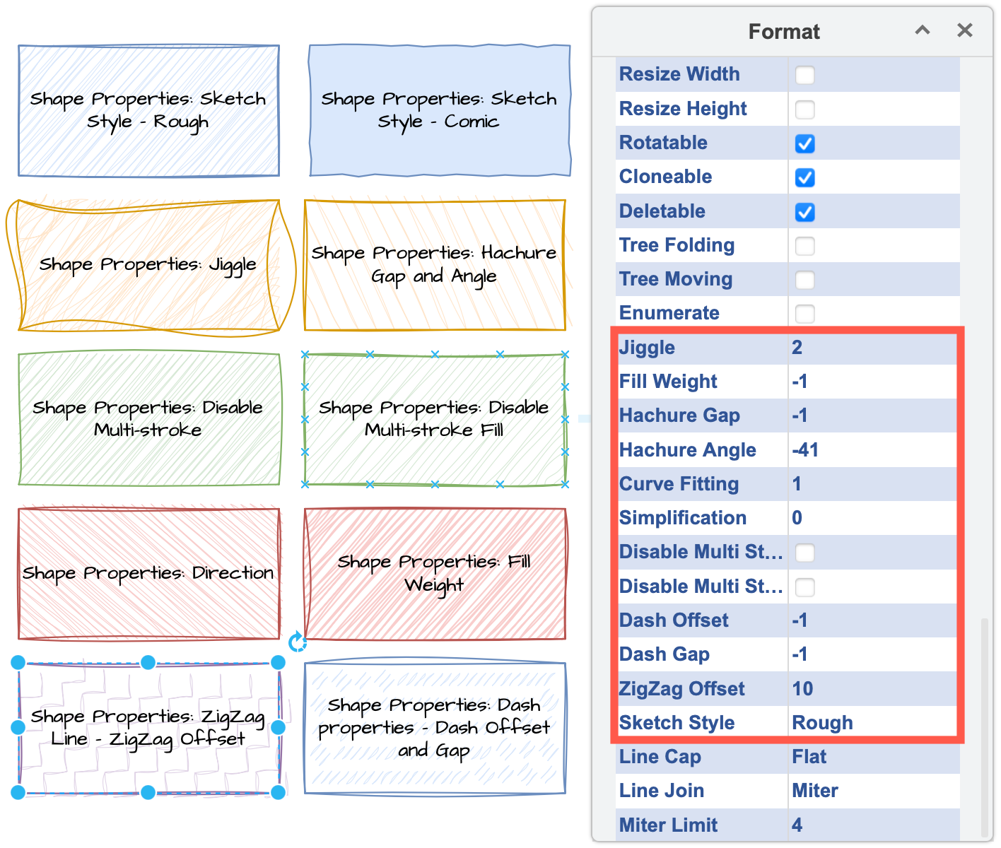 Set shape properties to change how the fill pattern appears when using the sketch rough style in draw.io