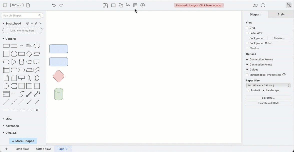 Work with cross-functional tables via the toolbar or the Arrange tab in the format panel in simple mode in draw.io