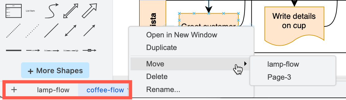 Work with multi-page diagrams via the page tabs in the bottom left of the draw.io editor
