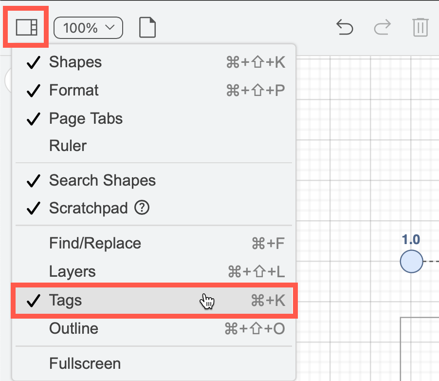 Use the View menu on the toolbar to show the Tags dialog or press Ctrl+K/Cmd+K