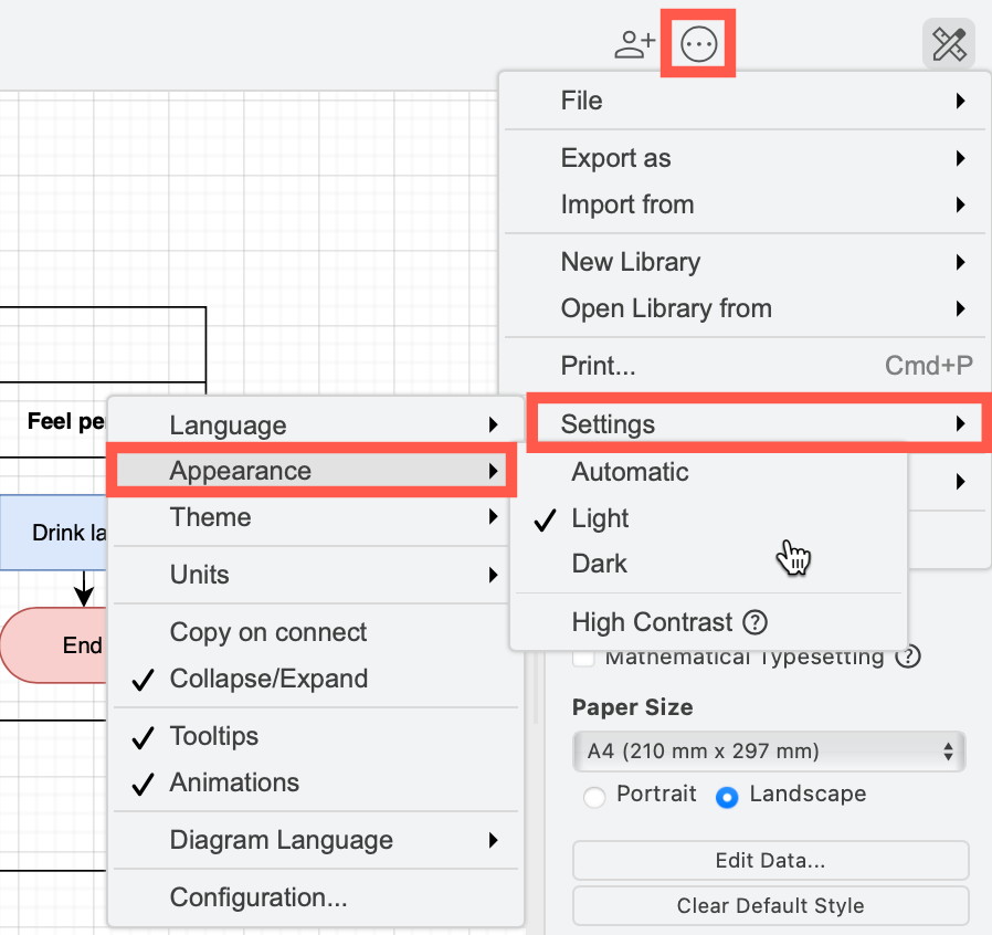 Switch between dark and light modes via the draw.io menu under Settings /> Appearance