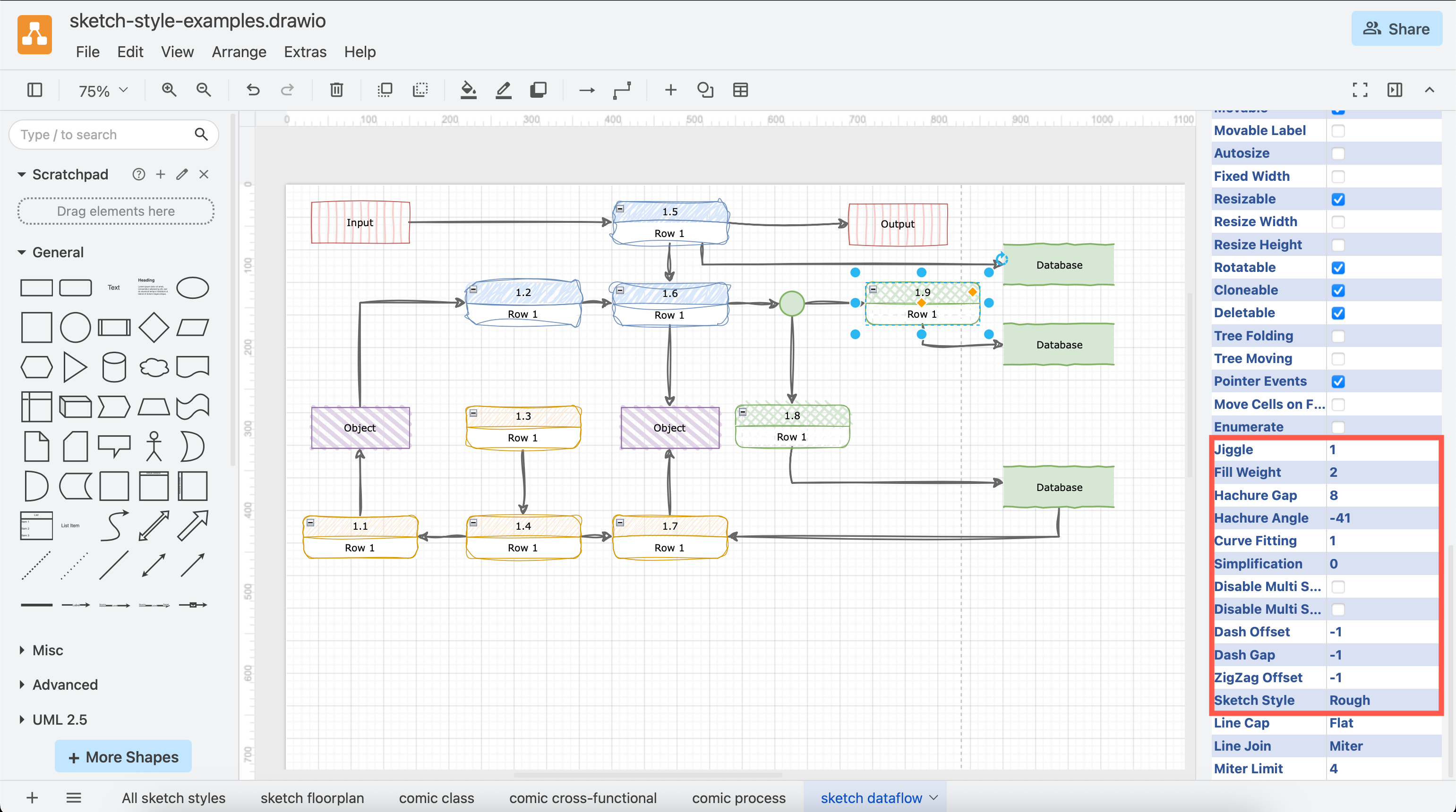 You can change many style properties to customise the rough and comic sketch styles in draw.io